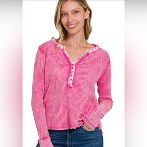 Zenana Outfitters Vibrant Pink Checkered Long Sleeve Top